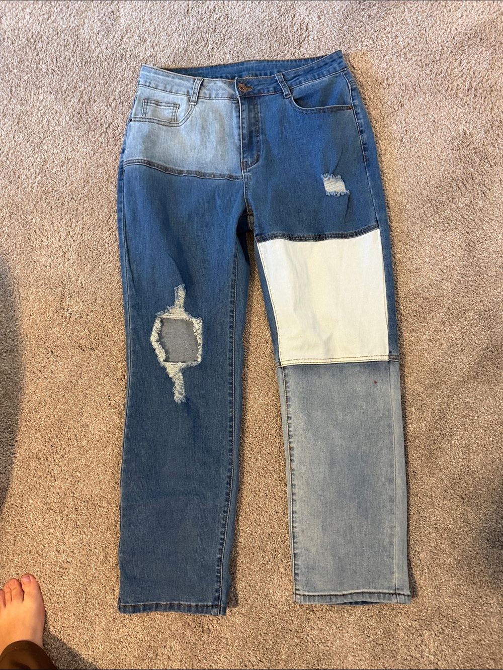 Zenana Outfitters Patchwork Straight-Leg Jeans in Mixed Blue and White
